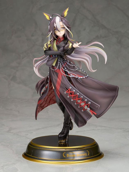 UmaMusume Dream Journey 1/7 scale figure with flowing hair, glasses, and a dark coat with red lacing, standing on a black and gold named pedestal.