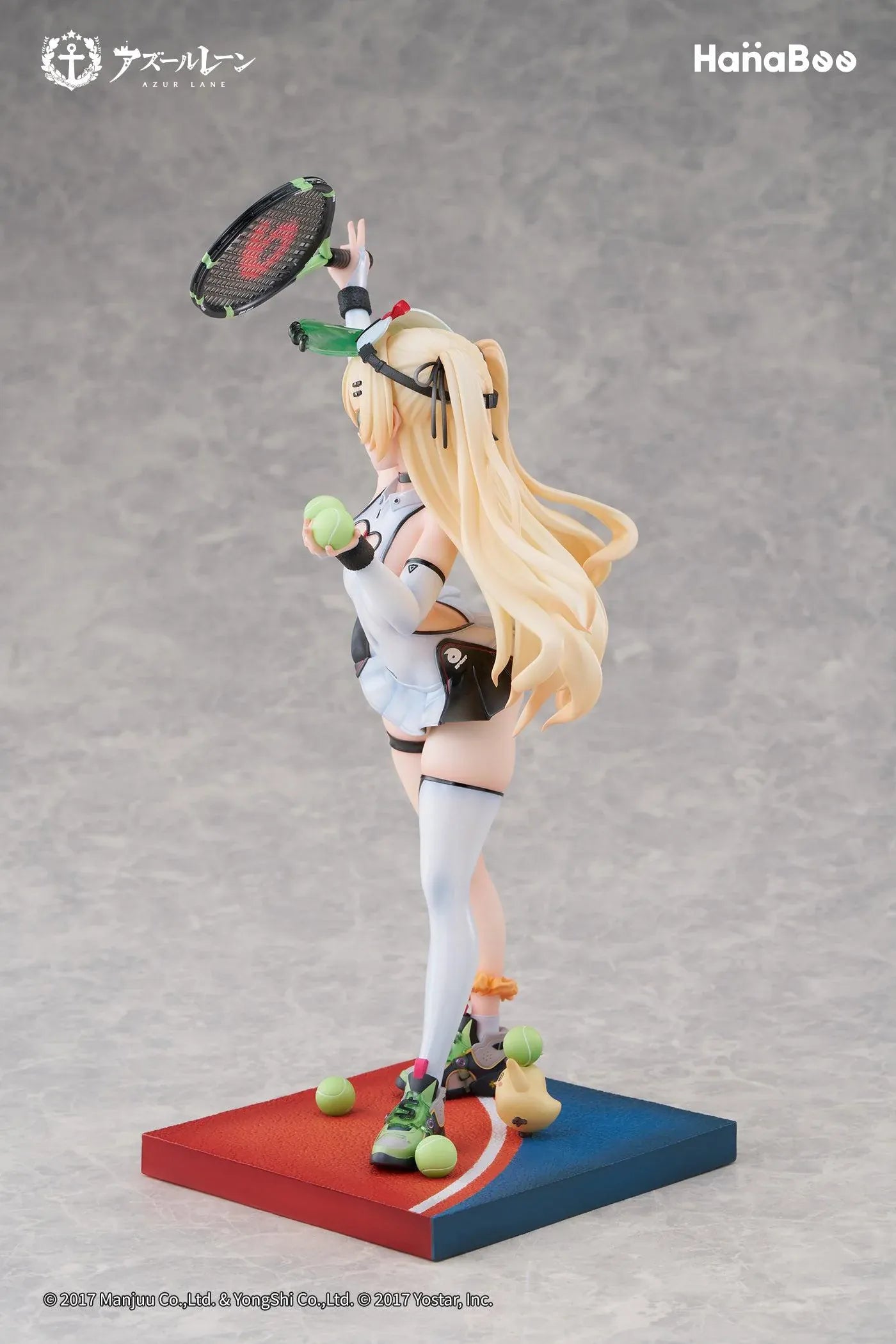 Azur Lane Bache Showy Sports Star Deluxe Ver. 1/6 Scale Figure featuring Bache in a tennis-inspired outfit with racket, tennis balls, display base, bonus artwork, and character can badge.
