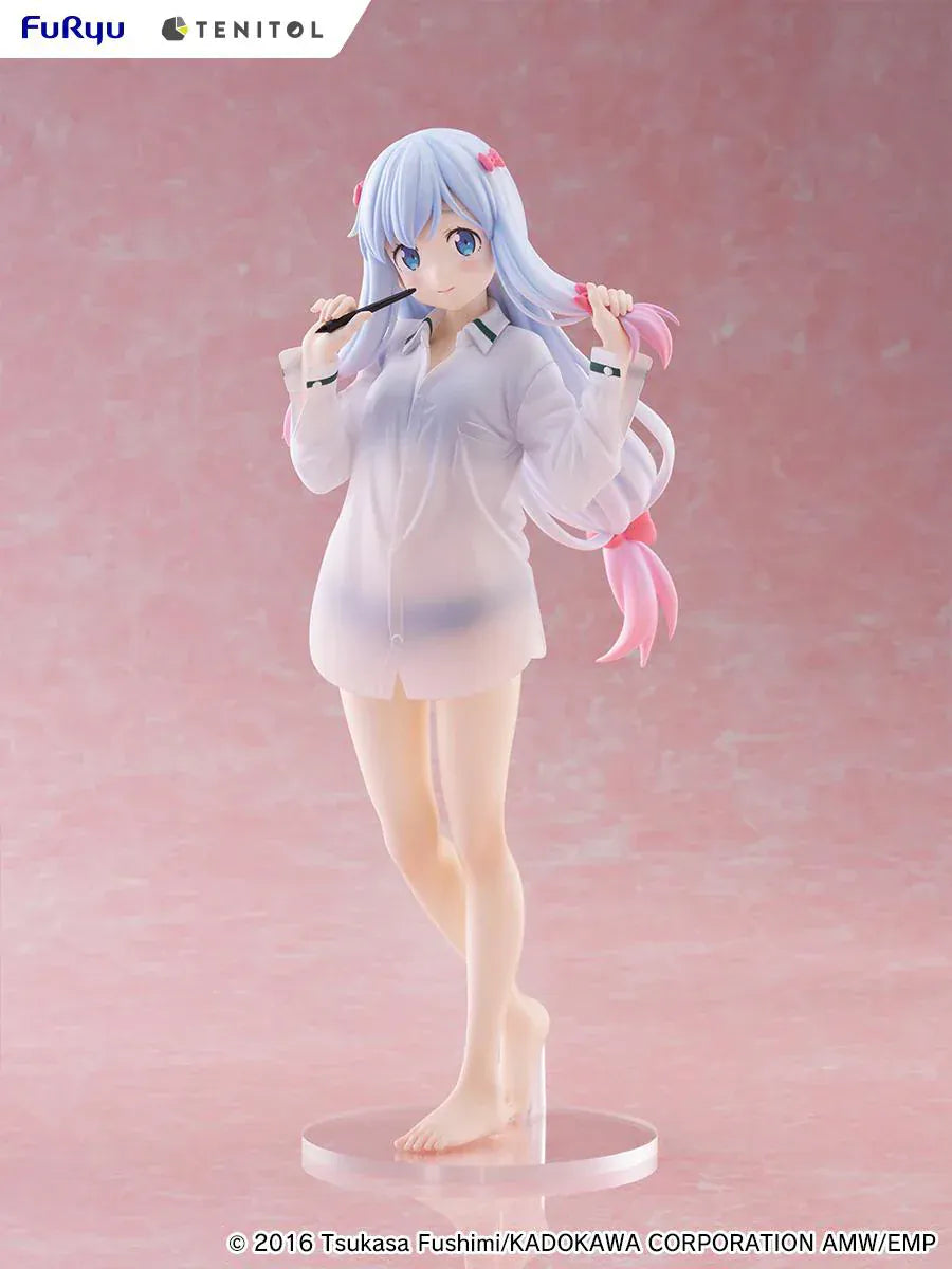 Eromanga Sensei Tenitol Tall Sagiri Izumi (Shirt Ver.) Figure by FuRyu, featuring Sagiri holding a pen while wearing a translucent oversized shirt and smiling softly.