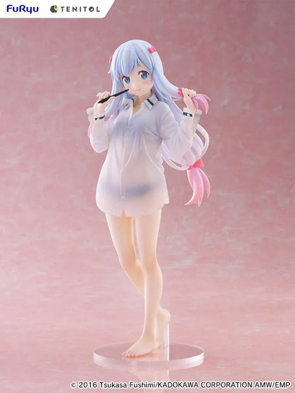 Eromanga Sensei Tenitol Tall Sagiri Izumi (Shirt Ver.) Figure by FuRyu, featuring Sagiri holding a pen while wearing a translucent oversized shirt and smiling softly.