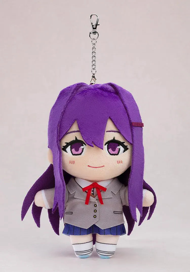 Doki Doki Literature Club! Yuri plushie keychain with long purple hair, embroidered purple eyes, a gray school blazer, blue skirt, and metal clasp.