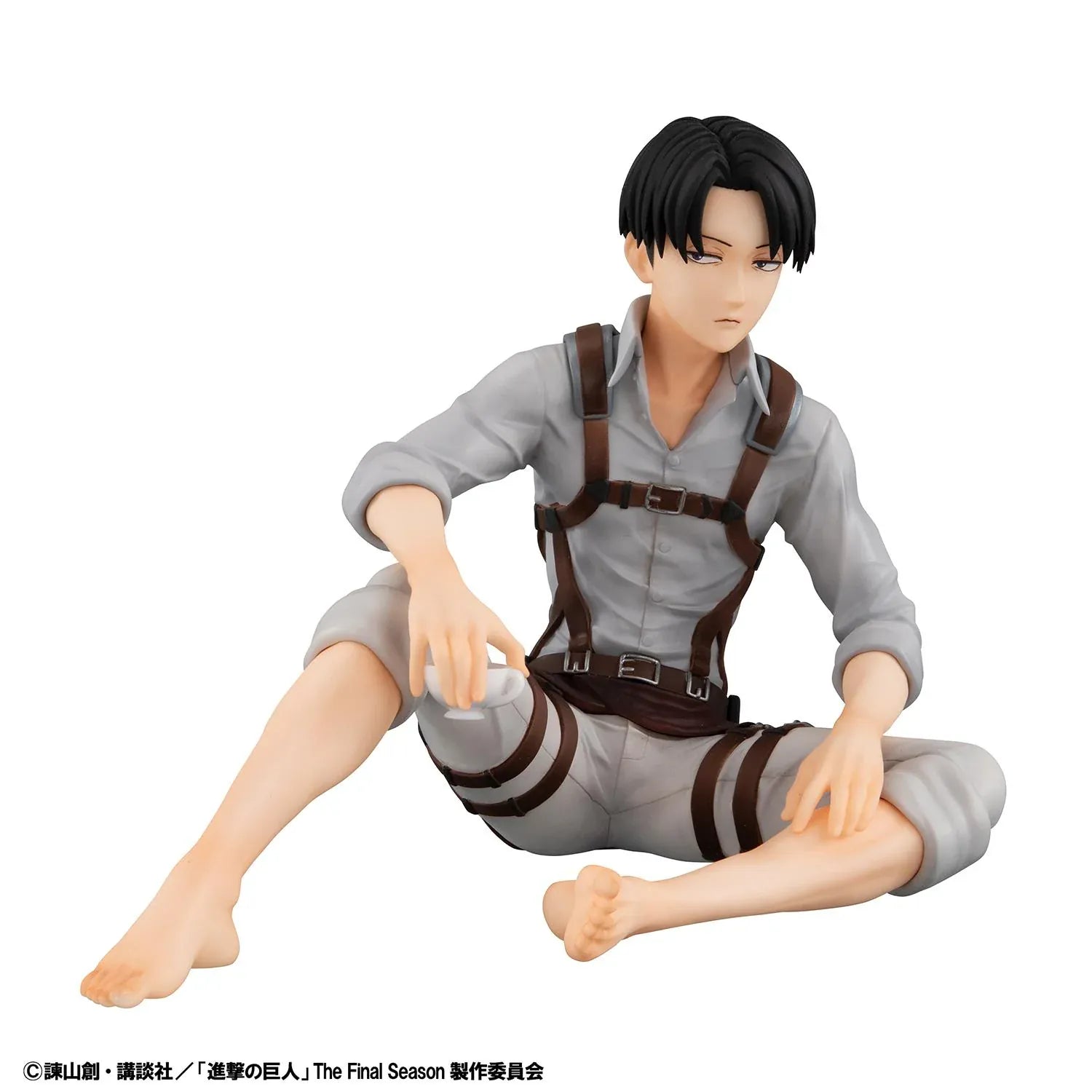 Attack on Titan G.E.M. Series Levi Tenohira Figure seated with short black hair, harness outfit, and serious expression
