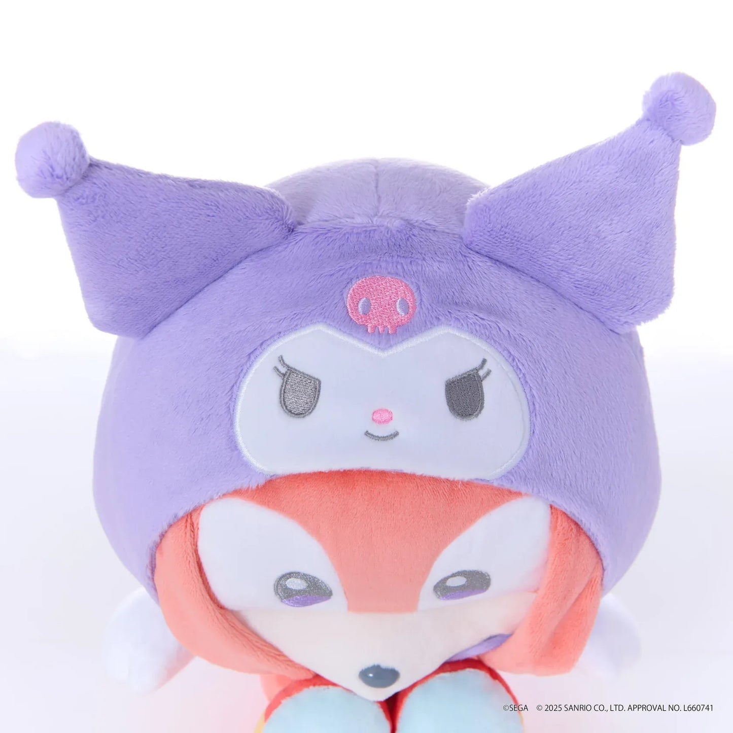 Sonic & Friends x Sanrio Knuckles medium plush wearing a purple Kuromi hood with pointed ears and a pink skull emblem.