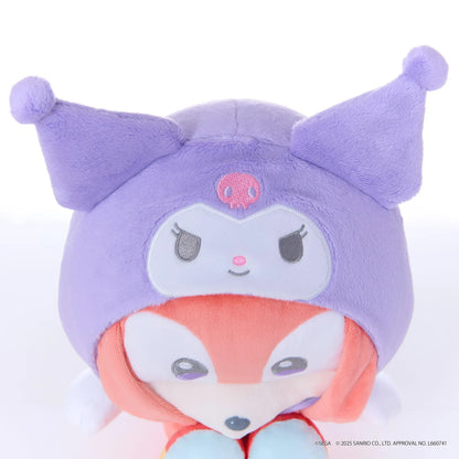 Sonic & Friends x Sanrio Knuckles medium plush wearing a purple Kuromi hood with pointed ears and a pink skull emblem.