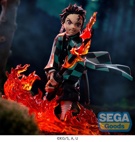Tanjiro Kamado Xross Link figure from Demon Slayer kneeling with flame effects around his sword on a translucent fire base.
