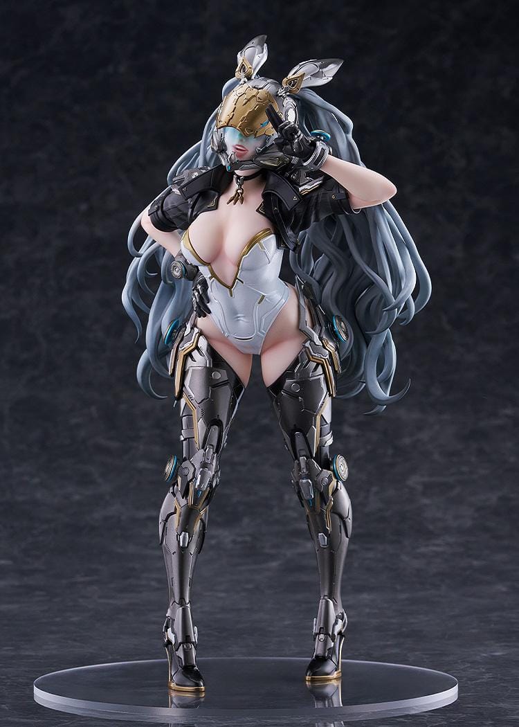 The First Descendant Ultimate Bunny 1/7 Scale Figure with futuristic armor, masked headpiece, long hair, and black silver gold battle suit