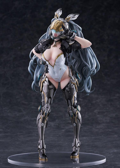 The First Descendant Ultimate Bunny 1/7 Scale Figure with futuristic armor, masked headpiece, long hair, and black silver gold battle suit