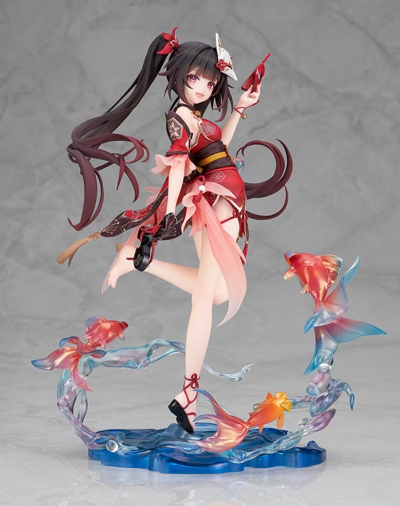 Honkai Star Rail Sparkle 1/7 scale figure in red and black outfit surrounded by translucent water effects and colorful goldfish