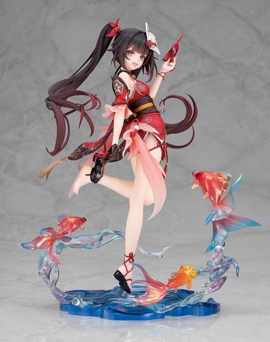 Honkai Star Rail Sparkle 1/7 scale figure in red and black outfit surrounded by translucent water effects and colorful goldfish