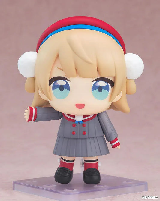 Shigure Ui Nendoroid Uidaga Figure with blonde hair, blue eyes, red headband, fluffy earmuffs, and gray school outfit