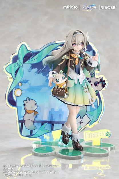 Honkai Star Rail Rise Up+ Chibi Cat Series Firefly Figure featuring Firefly in a cute chibi-style outfit with cat-themed display accents, colorful backdrop, and themed base.