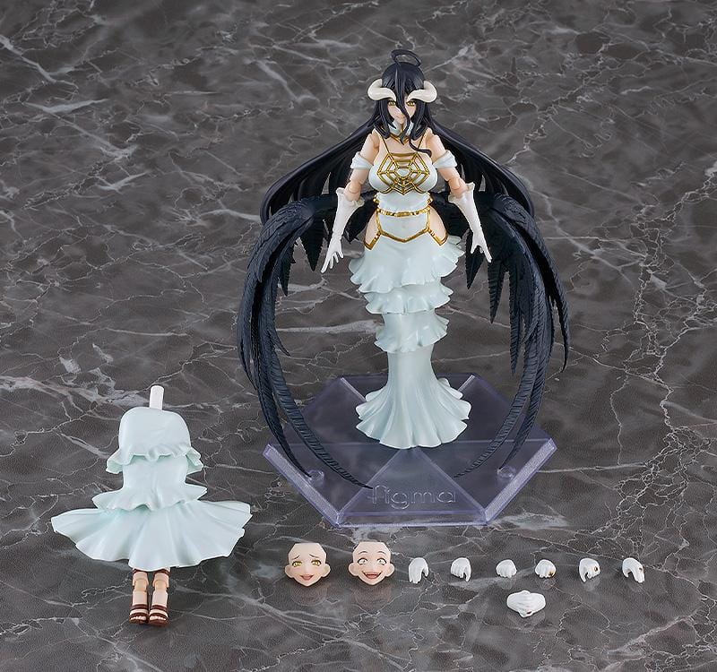 Overlord The Holy Kingdom figma Albedo Figure wearing her white and gold dress with large black feathered wings and signature horns