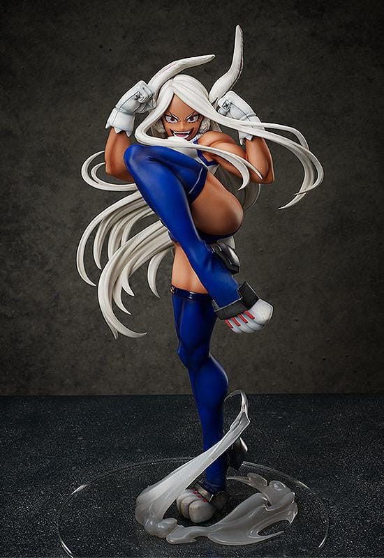 My Hero Academia Mirko 1/4 Scale Figure mid-kick pose with white hair, blue suit, and smoke-effect base