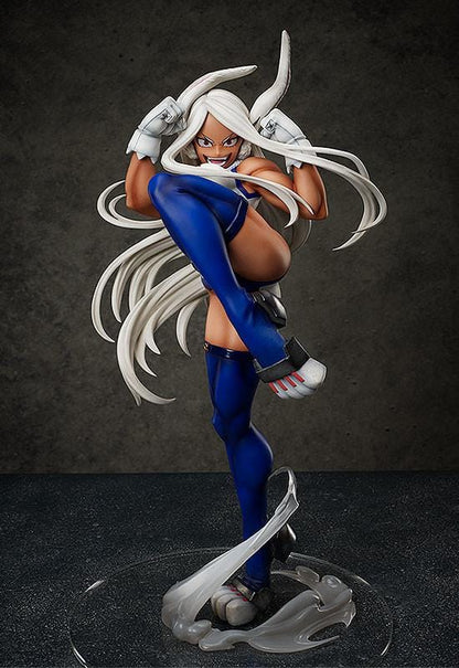 My Hero Academia Mirko 1/4 Scale Figure mid-kick pose with white hair, blue suit, and smoke-effect base