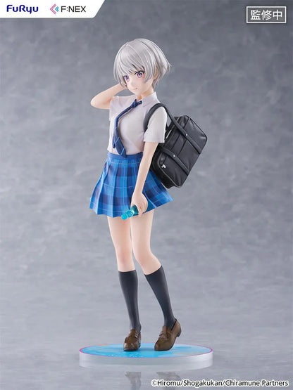 Chitose Is in the Ramune Bottle Asuka Nishino 1/7 Scale Figure with short silver hair, blue plaid skirt, school uniform outfit, backpack, drink bottle accessory, and display base