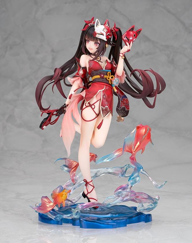 Honkai Star Rail Sparkle 1/7 scale figure in red and black outfit surrounded by translucent water effects and colorful goldfish