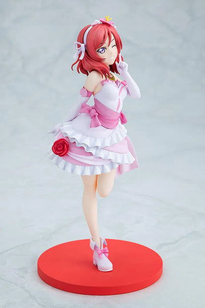 Love Live School Idol Project Maki Nishikino Bokutachi wa Hitotsu no Hikari Ver. Figure featuring Maki in a pink and white idol outfit with rose detail, white gloves, and red display base.