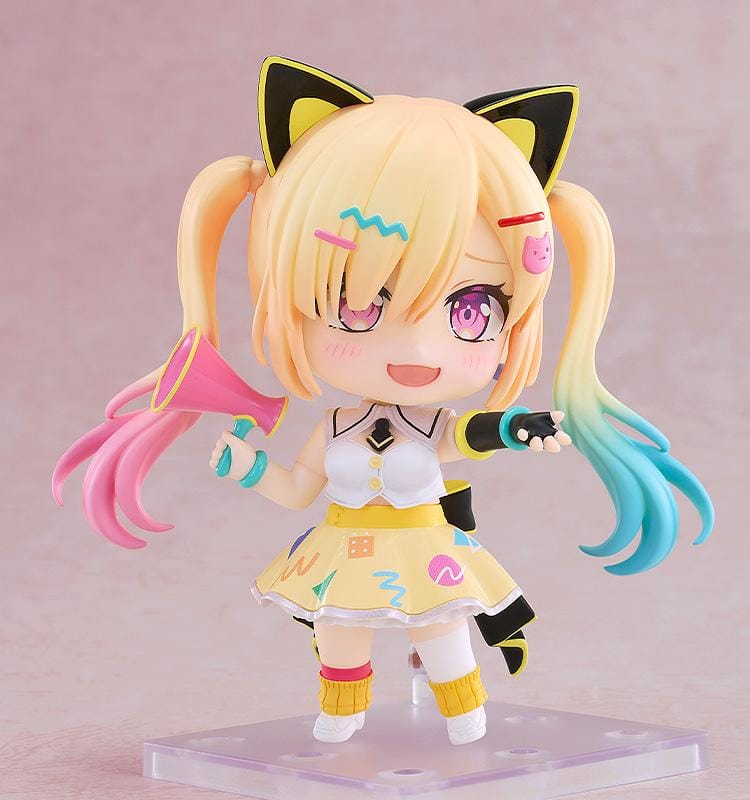 BanG Dream Nendoroid Arale Nakamachi Figure with blonde twin-tails, cat-ear accessories, colorful outfit, megaphone accessory, and chibi display base
