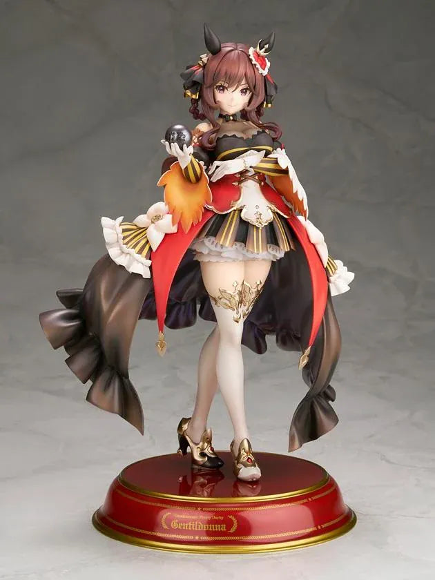 Umamusume Pretty Derby Gentildonna 1/7 Scale Figure featuring a brown-haired horse girl with a playful wink, an elaborate black, red, and gold outfit, flowing decorative fabric, white ruffles, ornate accessories, elegant stockings, and gold-accented heels standing on a red and gold circular display base.