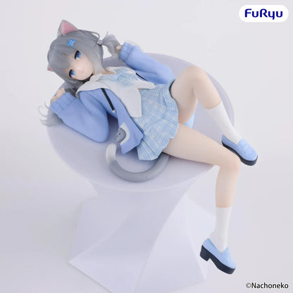 Nachoneko Noodle Stopper Figure by FuRyu featuring Nachoneko lying down in a blue outfit with cat ears and a cushion base.