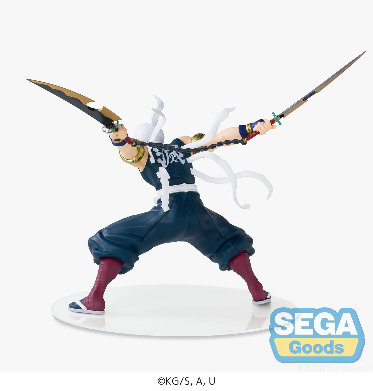 Demon Slayer FIGURIZMα Tengen Uzui figure in a wide stance with twin chained blades extended, a jeweled headband, and gold arm bands on a white base.