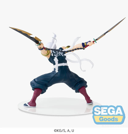 Demon Slayer FIGURIZMα Tengen Uzui figure in a wide stance with twin chained blades extended, a jeweled headband, and gold arm bands on a white base.