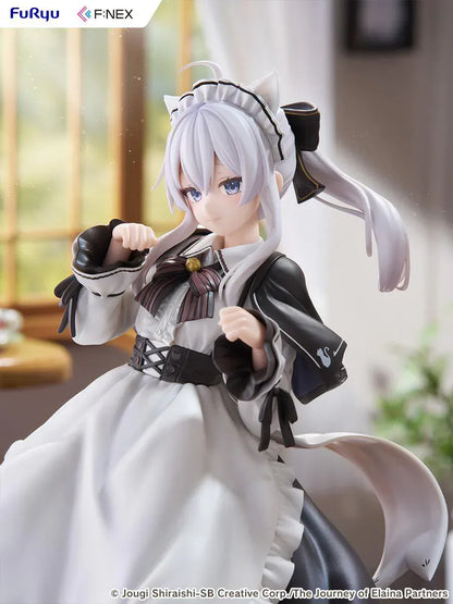 Elaina maid costume with cat ears scale figure from Wandering Witch, standing in a pawing pose with frilled monochrome dress and flowing twin-tail hair.