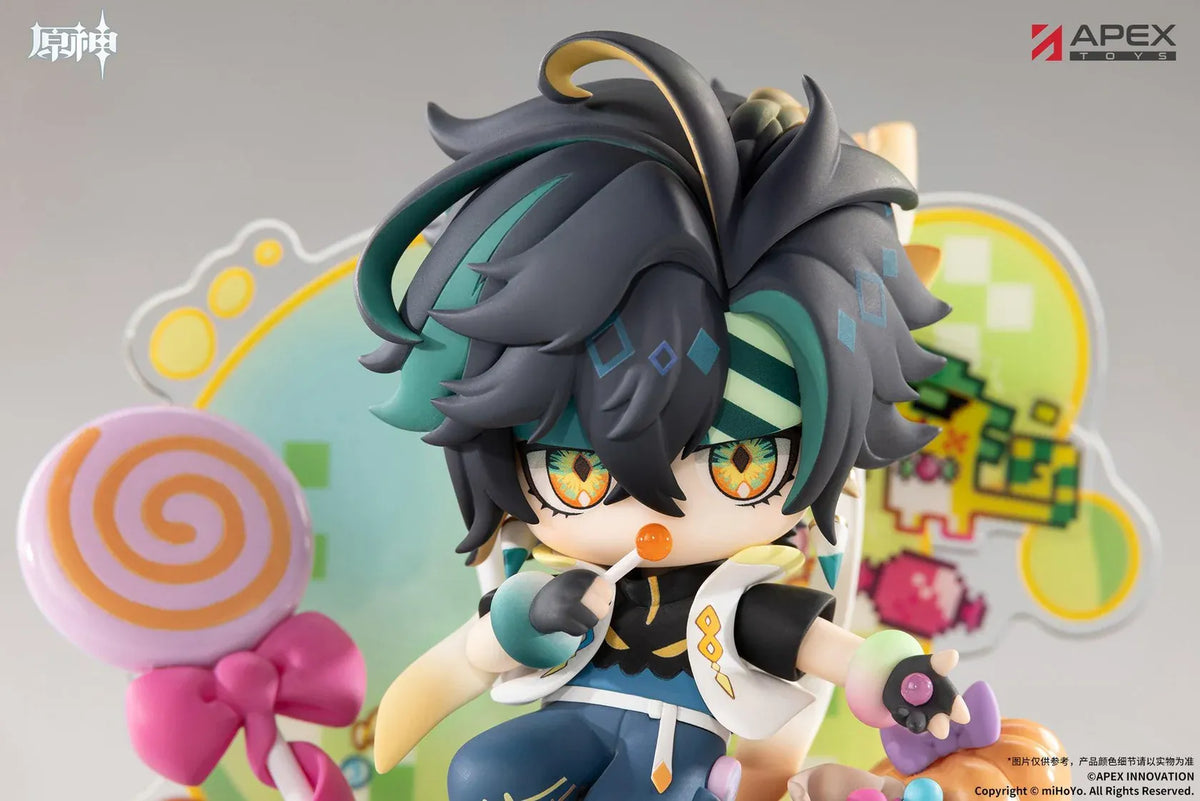 Genshin Impact You Ye Qi Xiang Series chibi Kinich figure holding a lollipop, surrounded by candy, a pumpkin, and a pixel-art backdrop.