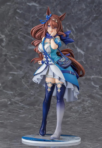 Umamusume Cinderella Gray Super Creek figure with flowing brown hair, a blue and white outfit, shoulder bag, and tall boots, posed with a hand against her cheek.