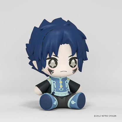 DRAMAtical Murder Huggy Good Smile Ren figure with dark blue hair, star-filled eyes, cheek markings, and a blue-and-black outfit in a seated pose.