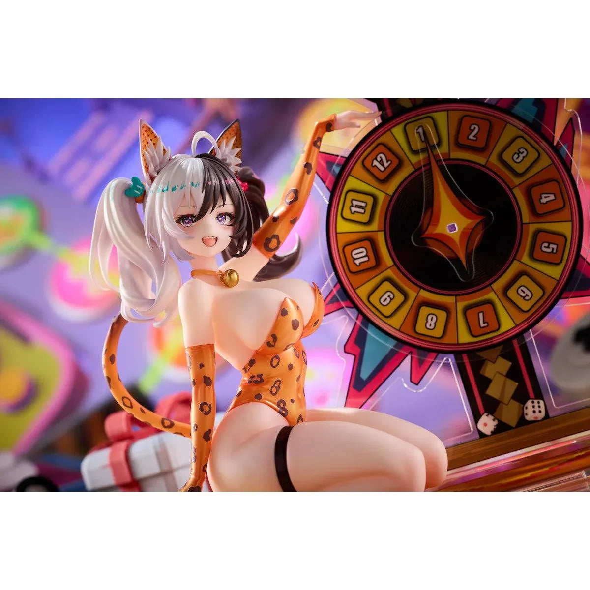 Astral Party Nancy Lu Special Edition 1/6 Scale Figure featuring a black and white-haired anime girl with purple eyes wearing an orange leopard-print bodysuit, animal ears, and a spotted tail, posed beside a colorful roulette wheel with matching illustrated bonuses.