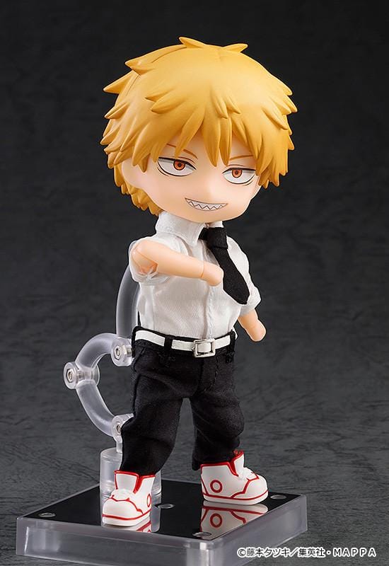 Chainsaw Man Nendoroid Doll Denji Rerelease featuring Denji in a chibi doll design with blonde hair, sharp grin, white shirt, black tie, black pants, and sneakers.