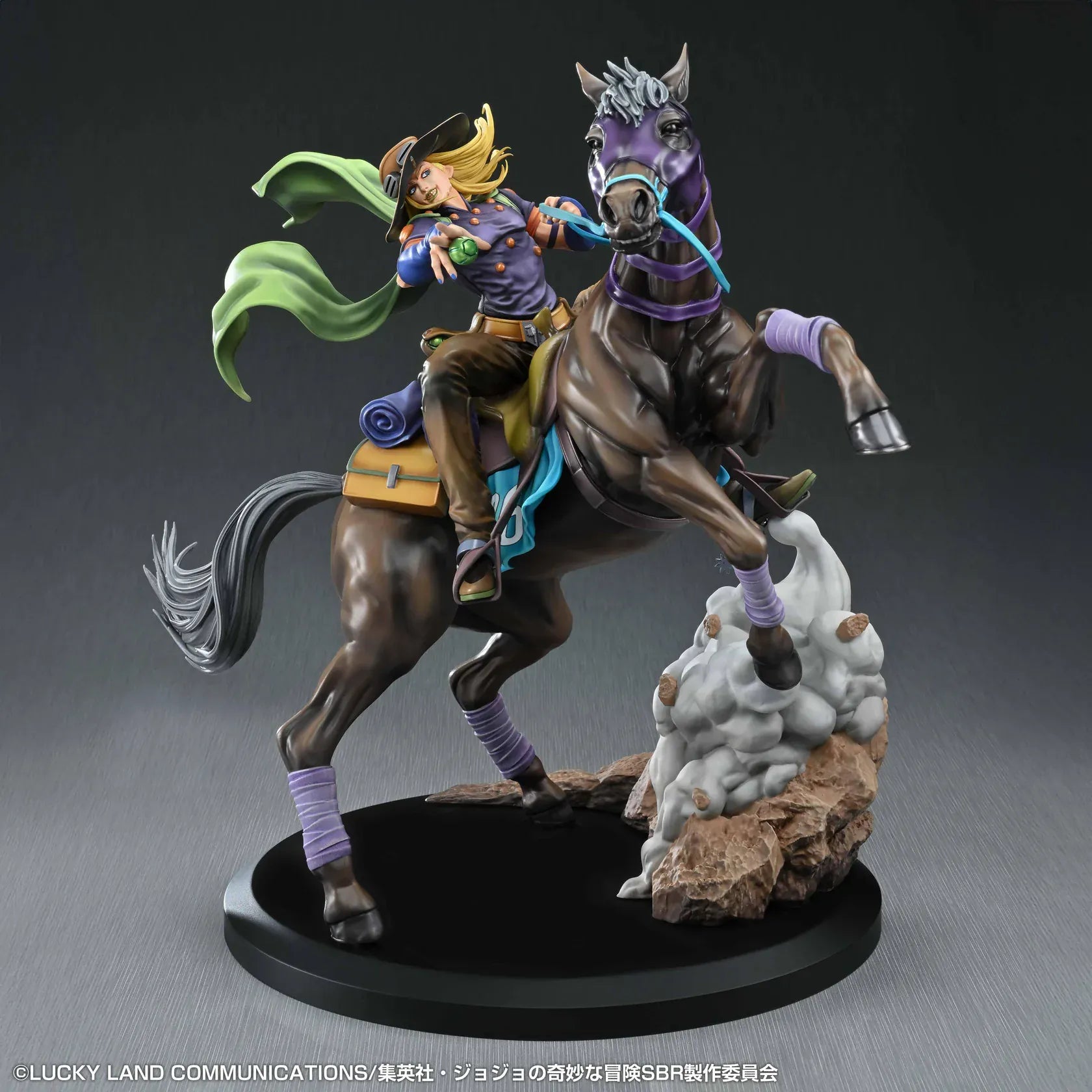 STEEL BALL RUN JoJo's Bizarre Adventure Gyro Zeppeli and Valkyrie figure featuring Gyro riding Valkyrie in a dynamic action pose with rocky effect base
