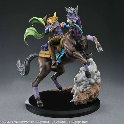 STEEL BALL RUN JoJo's Bizarre Adventure Gyro Zeppeli and Valkyrie figure featuring Gyro riding Valkyrie in a dynamic action pose with rocky effect base