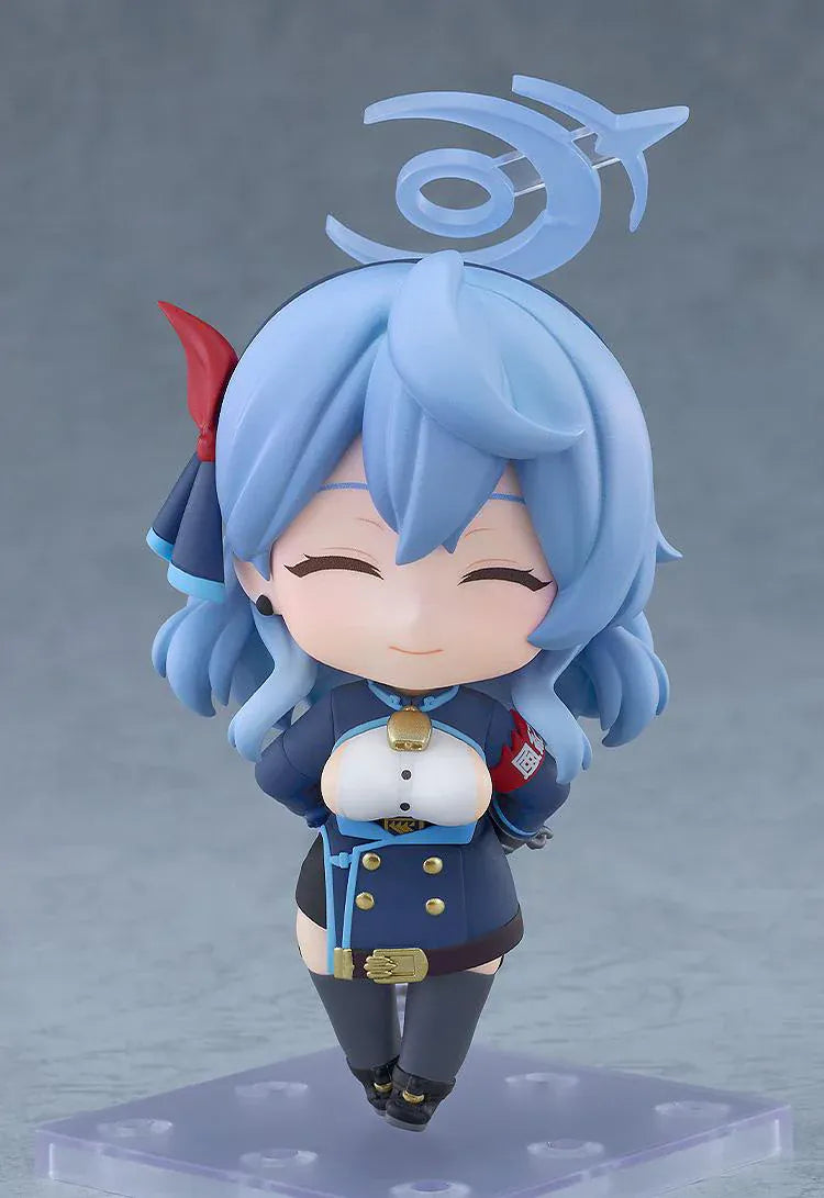 Blue Archive Nendoroid Ako Amau Figure with light blue hair, halo detail, navy uniform, paintbrush accessory, and chibi display base