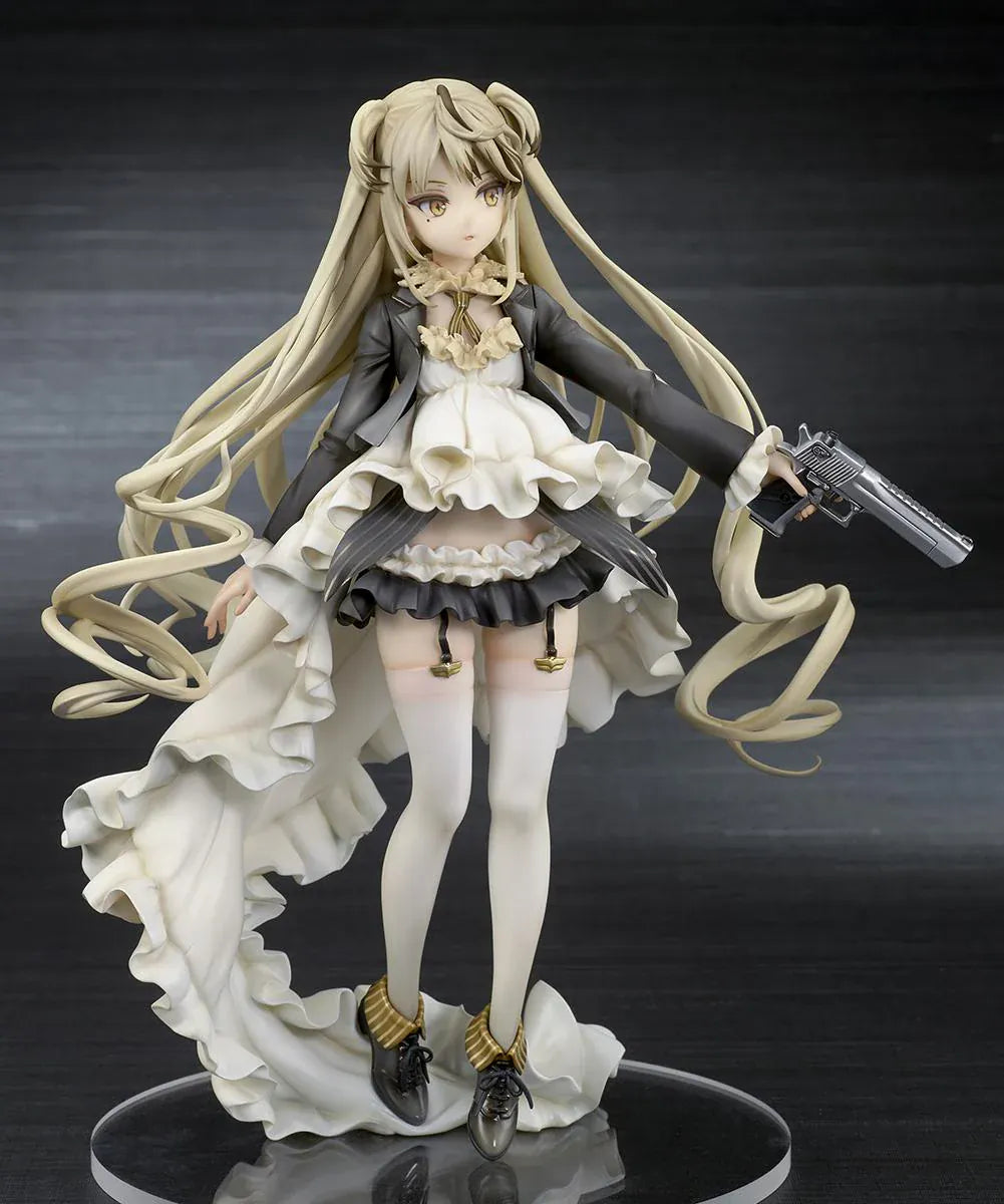 Girls' Frontline Desert Eagle 1/7 Scale Figure featuring Desert Eagle with long blonde hair, white-and-black outfit, golden eyes, handgun accessory, and flowing dress details.