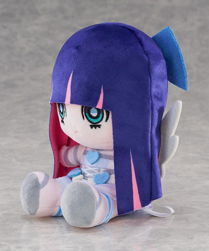 New PANTY & STOCKING with GARTERBELT Stocking Punipuni Plushie with purple hair, blue eyes, heart details, and seated chibi plush design