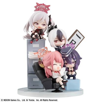Blue Archive FigUnity Figure featuring multiple chibi-style Blue Archive characters in an office-themed diorama display with furniture, signboard, and colorful effect parts.