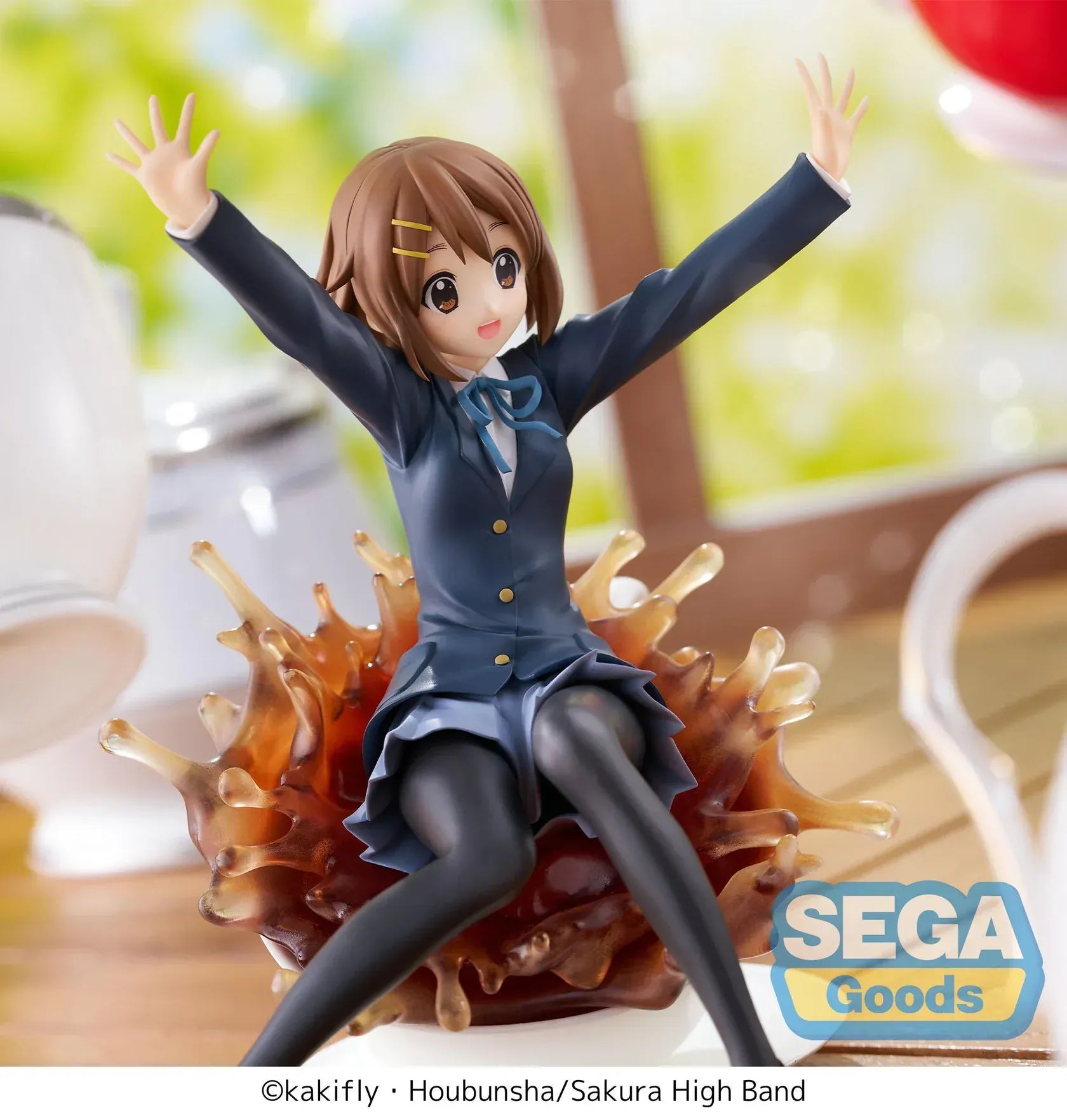 Yui Hirasawa Luminasta figure from K-On sitting on teacup with splash effect and school uniform