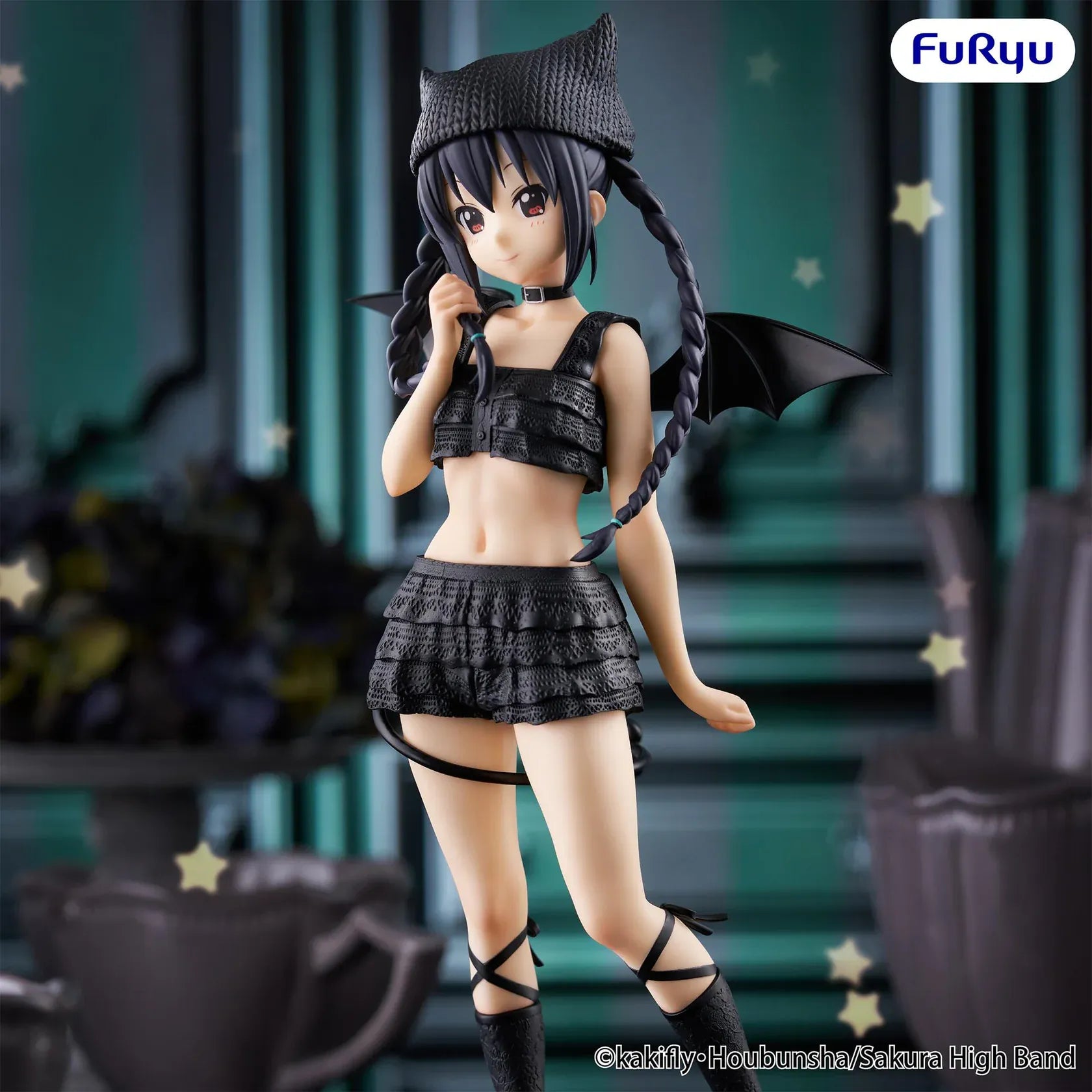 K-On! BiCute Dark Azusa Nakano Figure with black outfit, braided hair, cat-ear style hat, wings, and gothic-inspired design