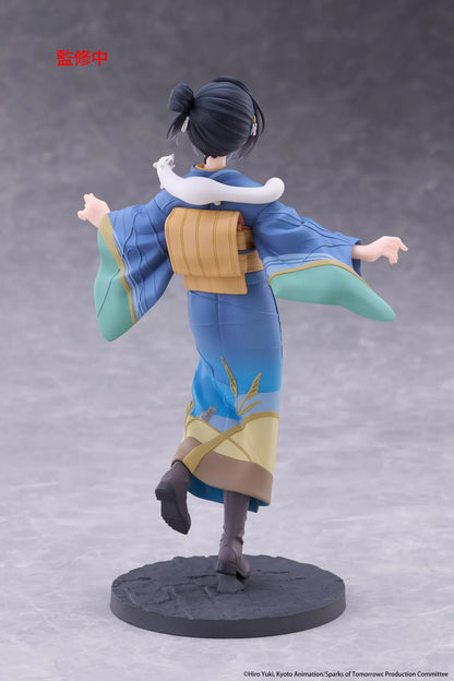 Sparks of Tomorrow Inako Momokawa Coreful Figure featuring a dark-haired anime girl with a pink floral hair accessory, blue kimono with gold and green accents, golden obi, brown boots, and a small white cat perched on her shoulder, standing on a textured circular base.