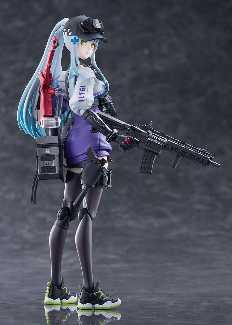 Girls' Frontline 2 Exilium figma Klukai Figure featuring Klukai with light blue hair, tactical outfit, purple jacket, weapon accessory, and futuristic gear details.