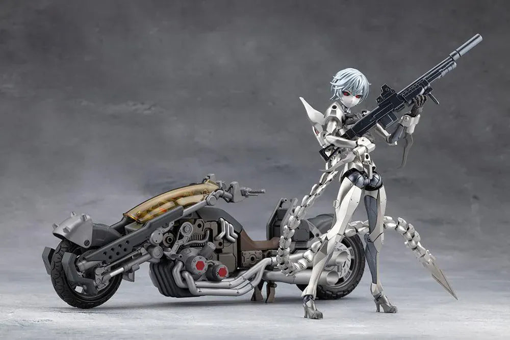 Megalomaria Unlimited Universe Wreckage Hunter model kit with white mechanical armor, a large rifle, weapon tail, and futuristic motorcycle.