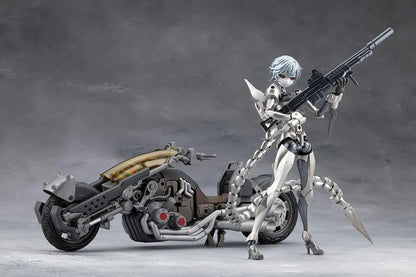 Megalomaria Unlimited Universe Wreckage Hunter model kit with white mechanical armor, a large rifle, weapon tail, and futuristic motorcycle.