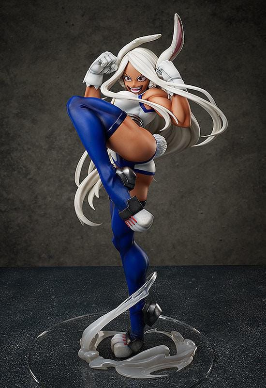 My Hero Academia Mirko 1/4 Scale Figure mid-kick pose with white hair, blue suit, and smoke-effect base