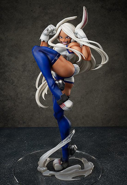 My Hero Academia Mirko 1/4 Scale Figure mid-kick pose with white hair, blue suit, and smoke-effect base