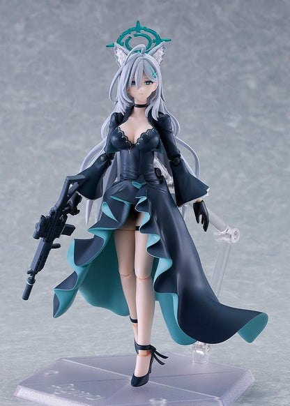 Blue Archive figma Shiroko Terror Figure with silver hair, wolf ears, halo, black outfit, flowing coat, and weapon accessory