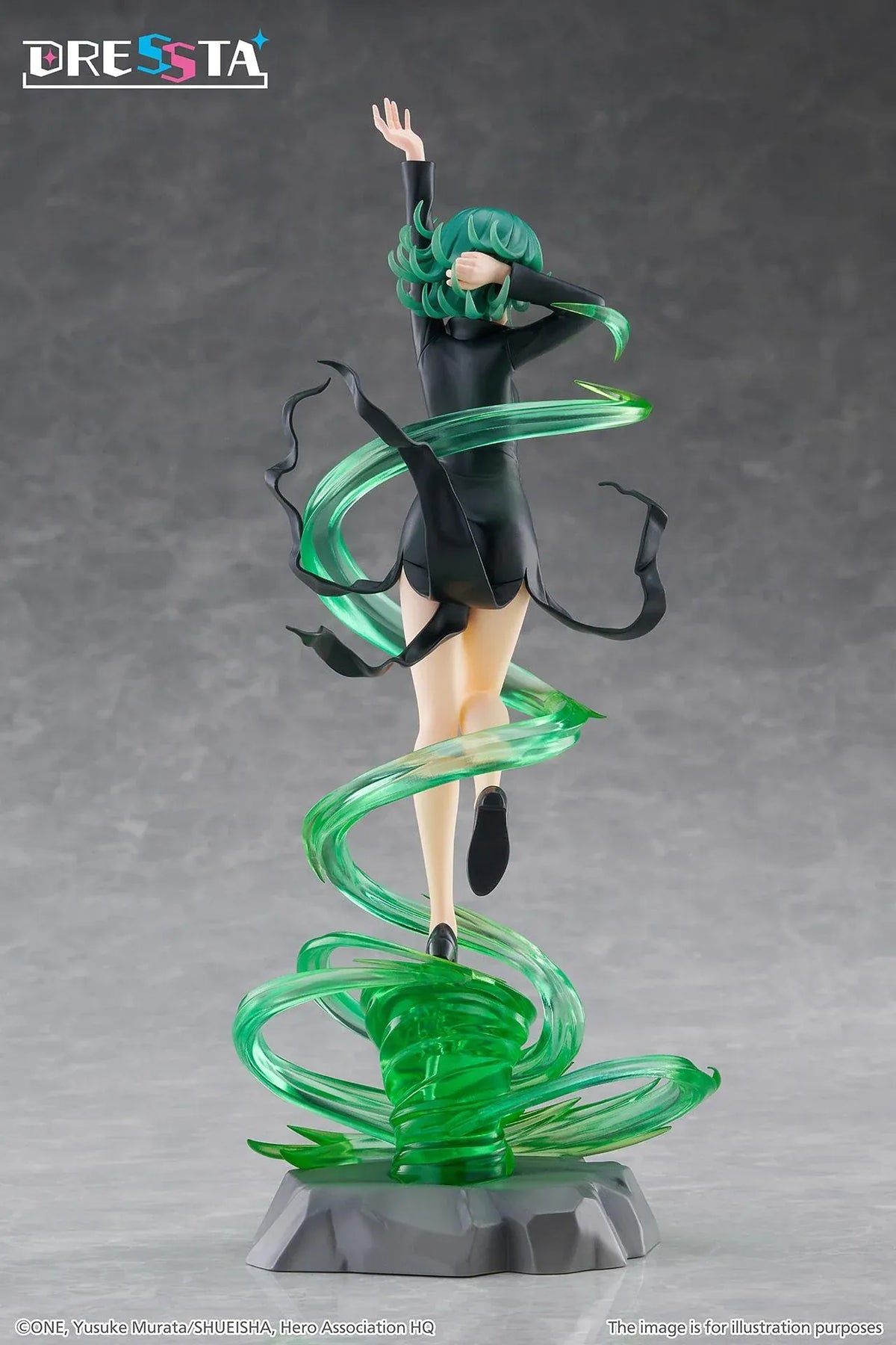 Terrible Tornado Dressta figure floating in a black dress surrounded by translucent green psychic energy effects on a rocky base.