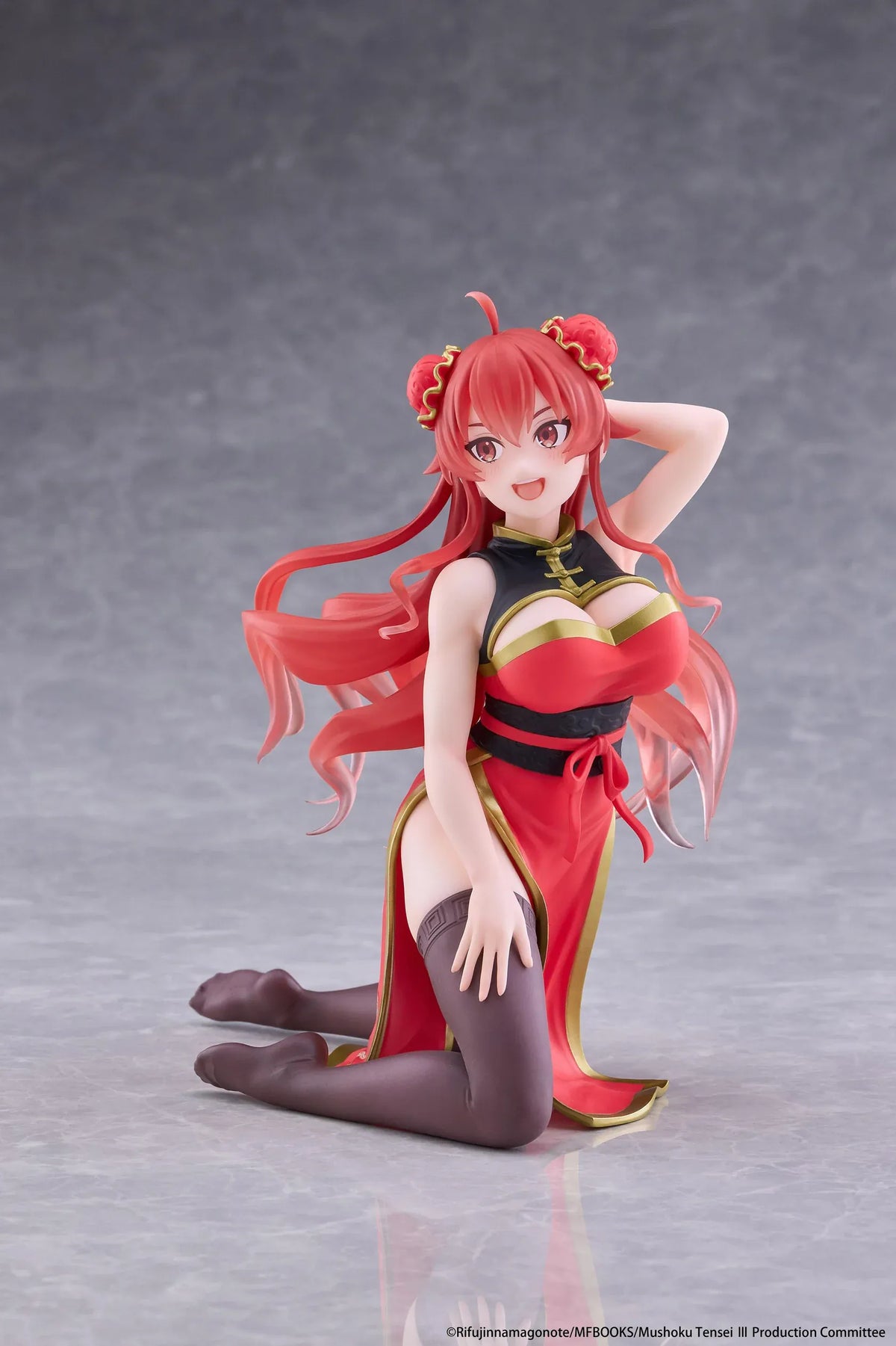 Mushoku Tensei Jobless Reincarnation Desktop Cute Eris Boreas Greyrat Chinese Dress Ver. Figure featuring long flowing red hair, red eyes, decorative twin buns, a red and black Chinese-inspired dress with gold accents, and dark thigh-high stockings in a playful kneeling pose.