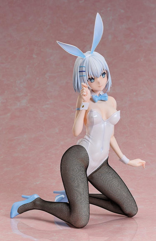 Anime scale figure of Date A Live’s Origami Tobiichi in a white and blue bunny outfit, kneeling with one hand raised to her ear and wearing real fishnet stockings.